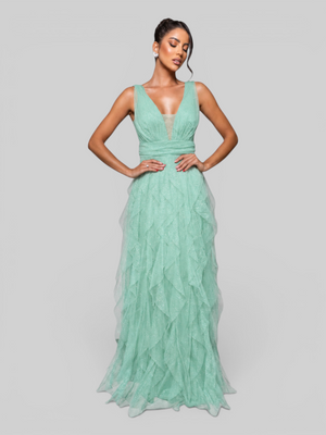 Vestido de Festa Longo com Alças Camadas Cascata com Brilho