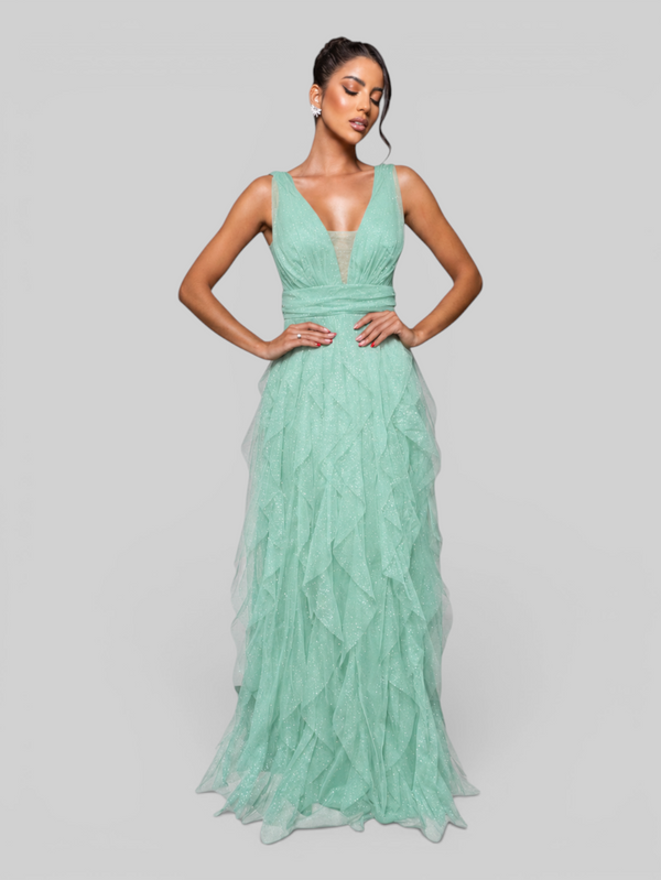 Vestido de Festa Longo com Alças Camadas Cascata com Brilho