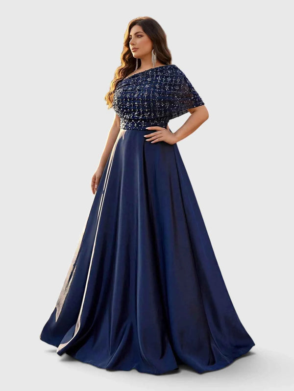 Vestido de Festa Longo Plus Size Ombro a Ombro Paetês