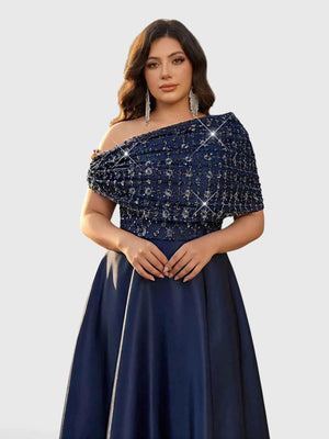 Vestido de Festa Longo Plus Size Ombro a Ombro Paetês
