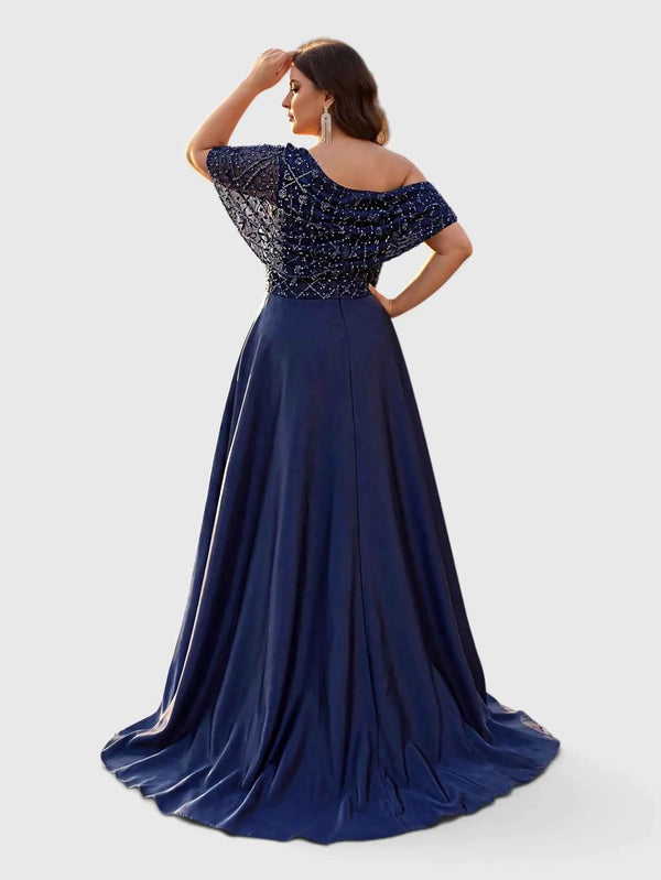 Vestido de Festa Longo Plus Size Ombro a Ombro Paetês