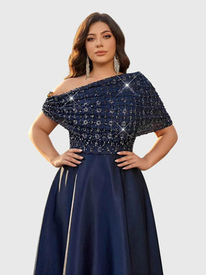 Vestido de Festa Longo Plus Size Ombro a Ombro Paetês