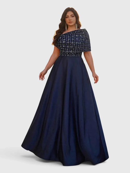 Vestido de Festa Longo Plus Size Ombro a Ombro Paetês
