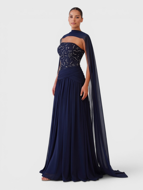 Vestido de Festa Longo Corpete com Bordado e Echarpe Premium Borcell