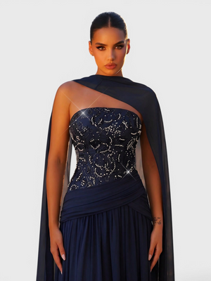 Vestido de Festa Longo Corpete com Bordado e Echarpe Premium Borcell