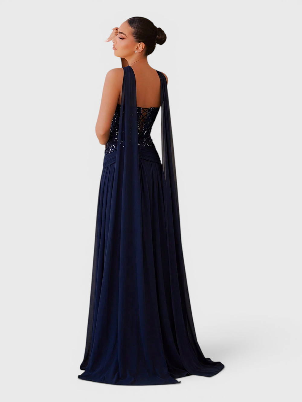 Vestido de Festa Longo Corpete com Bordado e Echarpe Premium Borcell