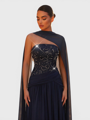 Vestido de Festa Longo Corpete com Bordado e Echarpe Premium Borcell