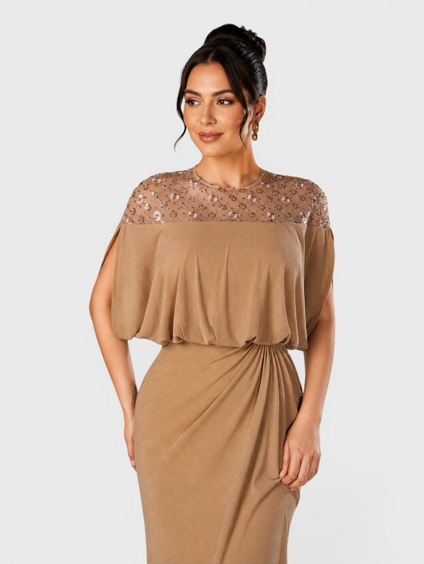 Vestido de Festa Longo com Apliques Paetê Drapeado Bodas