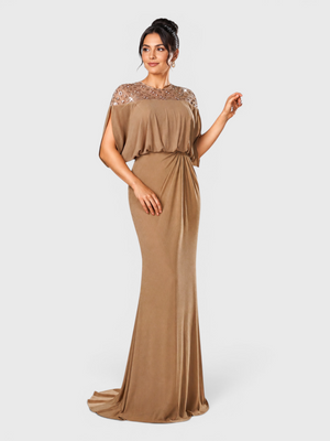 Vestido de Festa Longo com Apliques Paetê Drapeado Bodas