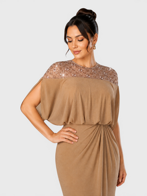 Vestido de Festa Longo com Apliques Paetê Drapeado Bodas
