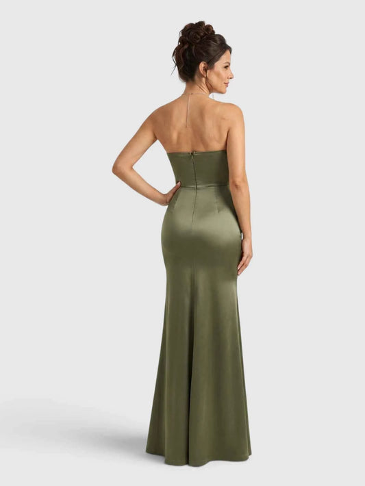 Vestido de Festa Longo Drapeado Tomara que Caia Verde Oliva