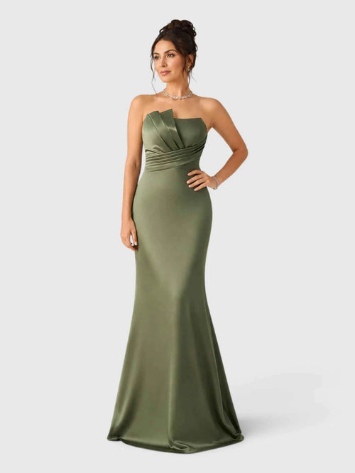 Vestido de Festa Longo Drapeado Tomara que Caia Verde Oliva