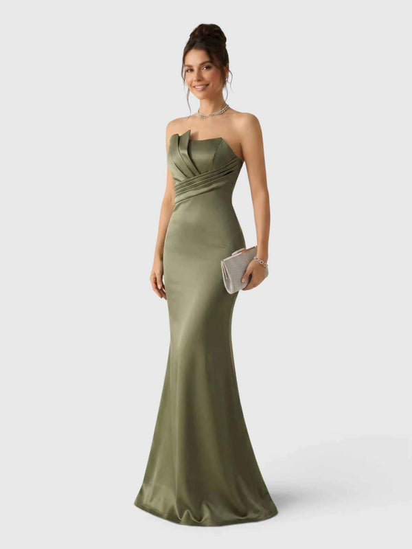 Vestido de Festa Longo Drapeado Tomara que Caia Verde Oliva