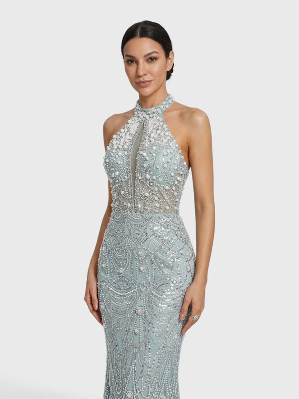 Vestido de Festa Longo Premium Gola Halter Pérolas Stella