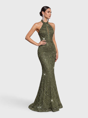 Vestido de Festa Longo Premium Gola Halter Pérolas Stella