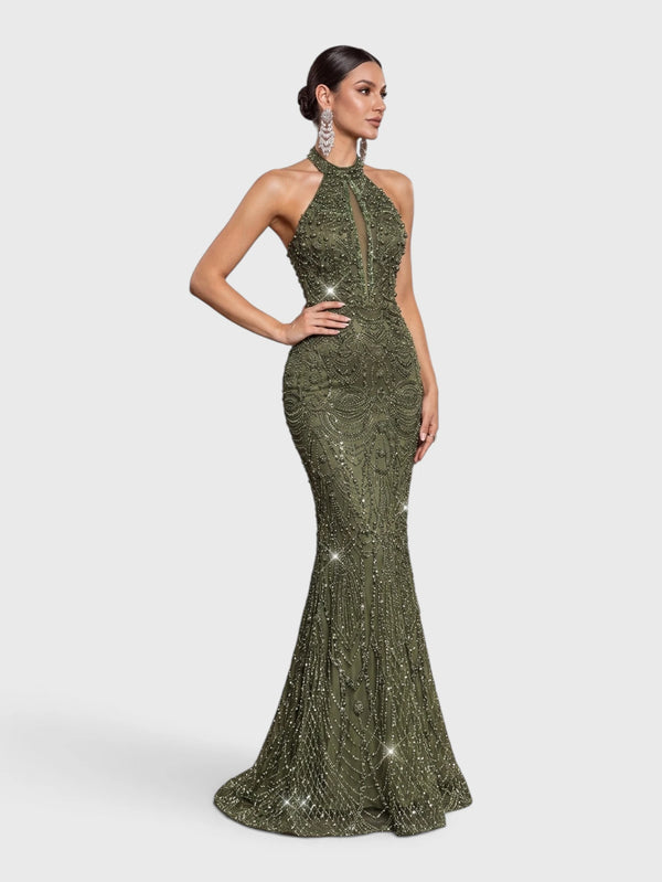 Vestido de Festa Longo Premium Gola Halter Pérolas Stella