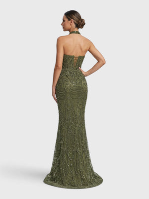 Vestido de Festa Longo Premium Gola Halter Pérolas Stella