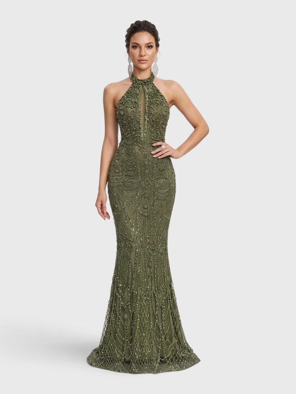 Vestido de Festa Longo Premium Gola Halter Pérolas Stella
