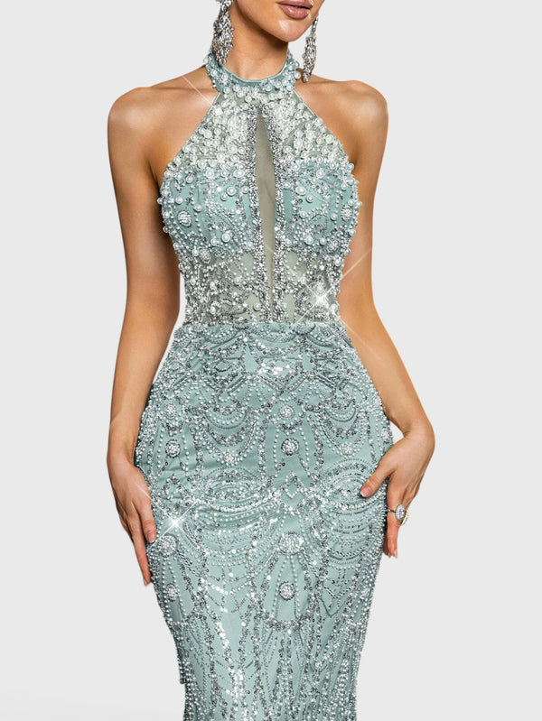 Vestido de Festa Longo Premium Gola Halter Pérolas Stella