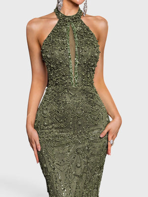 Vestido de Festa Longo Premium Gola Halter Pérolas Stella