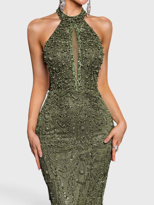 Vestido de Festa Longo Premium Gola Halter Pérolas Stella