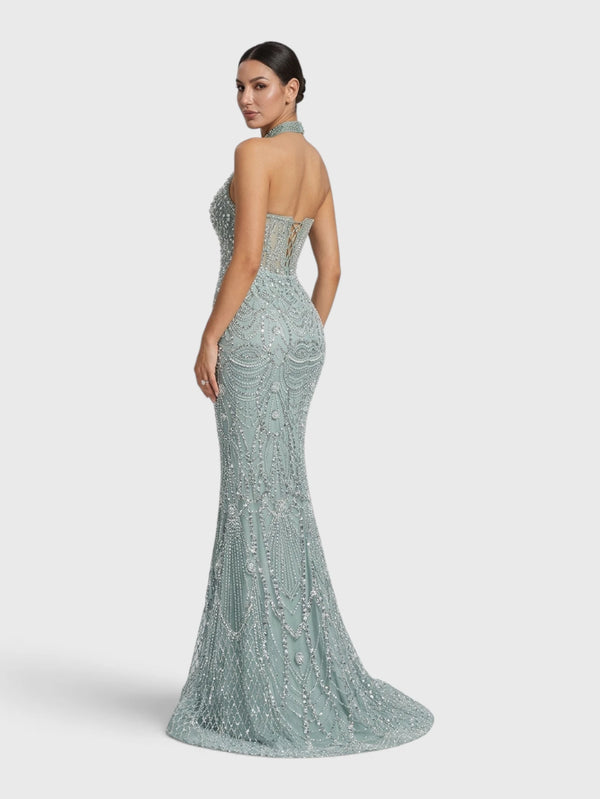 Vestido de Festa Longo Premium Gola Halter Pérolas Stella