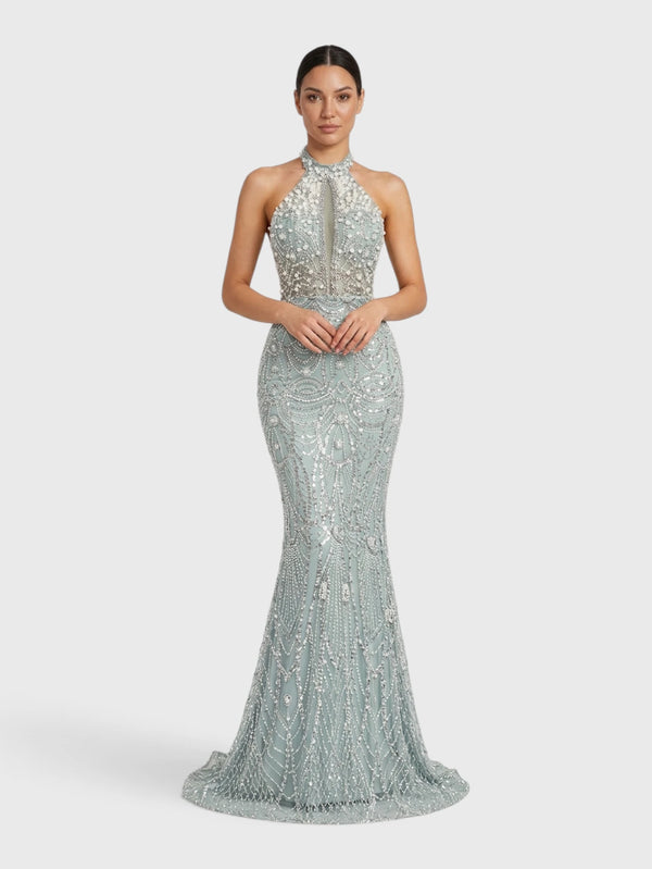Vestido de Festa Longo Premium Gola Halter Pérolas Stella