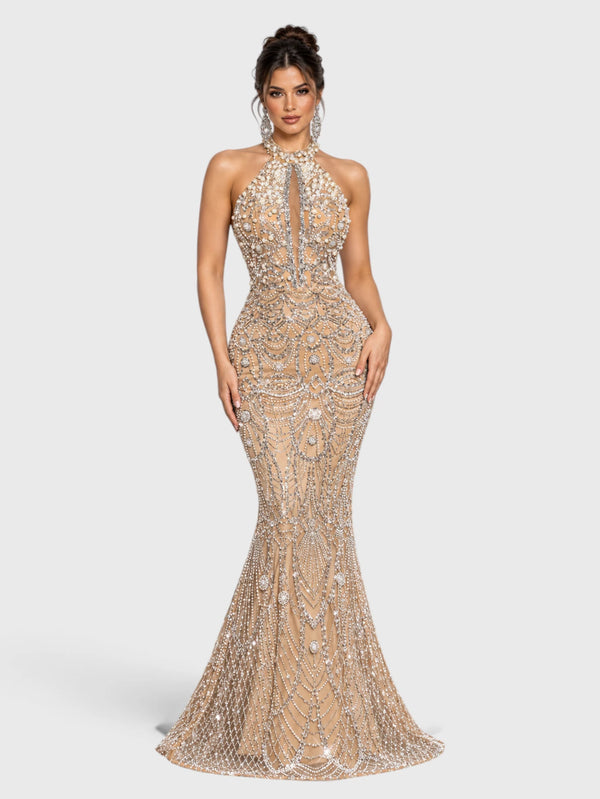 Vestido de Festa Longo Premium Gola Halter Pérolas Stella