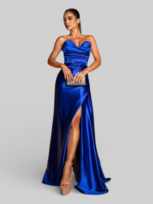 Vestido Longo de Festa sem Alças Drapeado com Fenda Morana - Aurea Dress