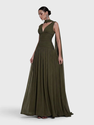 Vestido de Festa Longo Plissado Echarpe Legacy