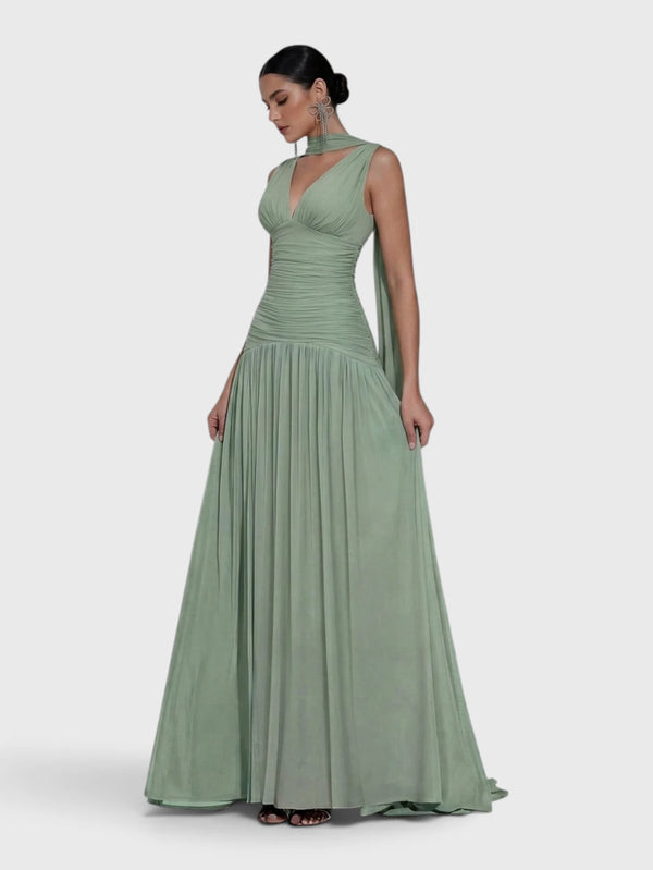 Vestido de Festa Longo Plissado Echarpe Legacy