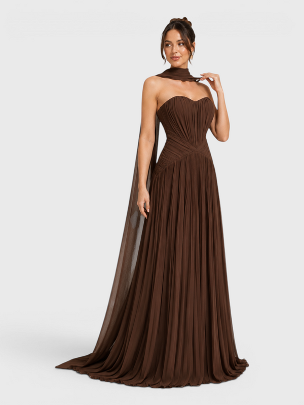Vestido de Festa Longo Premium Tomara que Caia Plissado Echarpe Melbor