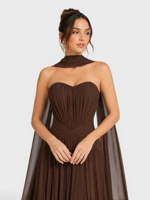 Vestido de Festa Longo Premium Tomara que Caia Plissado Echarpe Melbor