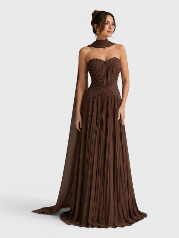 Vestido de Festa Longo Premium Tomara que Caia Plissado Echarpe Melbor