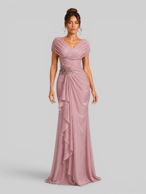 Vestido de Festa Longo Premium Drapeado com Bordado Gola V