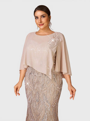 Vestido de Festa Longo Plus Size Lantejoulas com Capa Prime