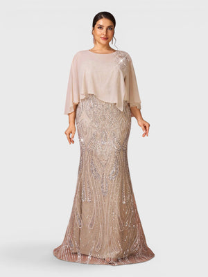 Vestido de Festa Longo Plus Size Lantejoulas com Capa Prime