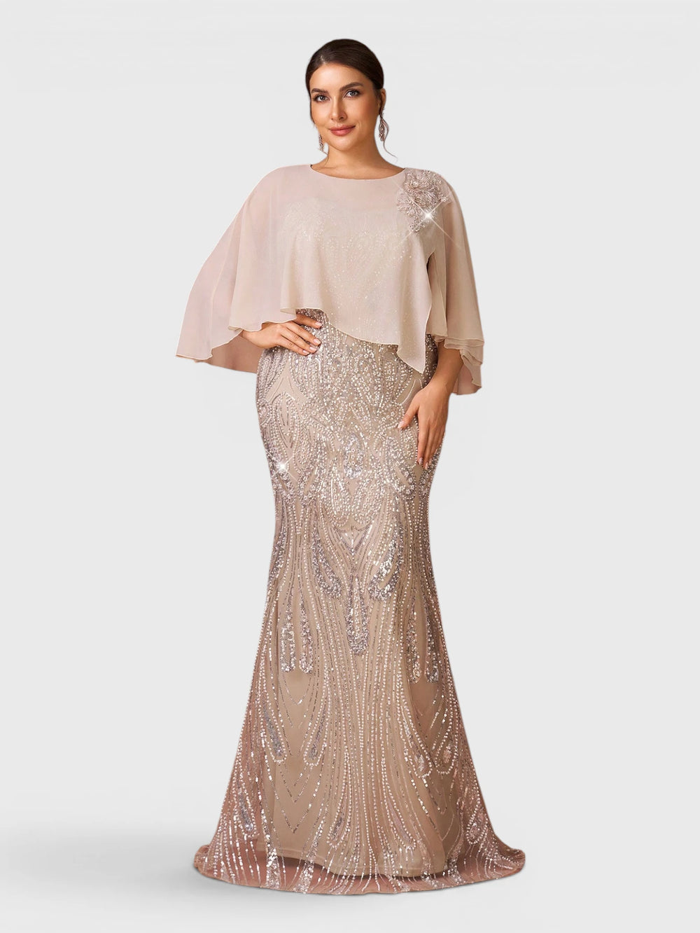 Vestido de Festa Longo Plus Size Lantejoulas com Capa Prime