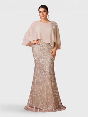 Vestido de Festa Longo Plus Size Lantejoulas com Capa Prime