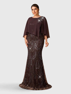 Vestido de Festa Longo Plus Size Lantejoulas com Capa Prime