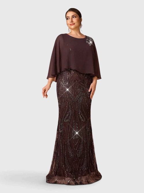 Vestido de Festa Longo Plus Size Lantejoulas com Capa Prime