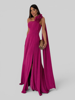 Vestido de Festa Longo Nula Manga Flowers com Capa Polly