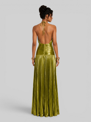 Vestido de Festa Longo Metalizado Plissado com Fenda Juliette