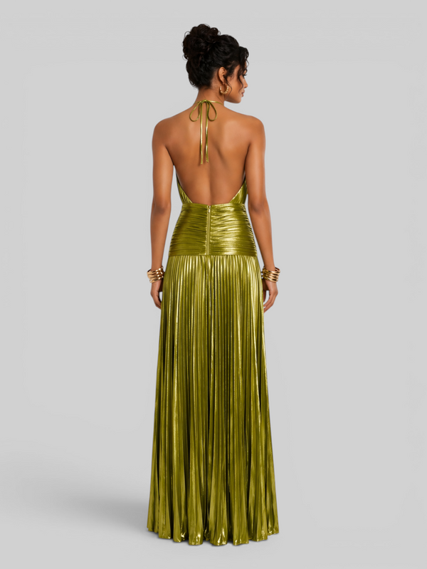 Vestido de Festa Longo Metalizado Plissado com Fenda Juliette