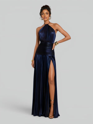 Vestido de Festa Longo Metalizado Plissado com Fenda Juliette