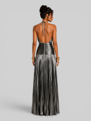 Vestido de Festa Longo Metalizado Plissado com Fenda Juliette