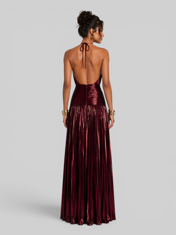 Vestido de Festa Longo Metalizado Plissado com Fenda Juliette