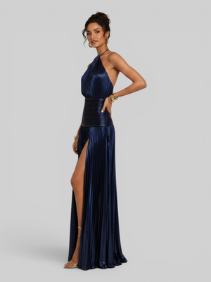 Vestido de Festa Longo Metalizado Plissado com Fenda Juliette