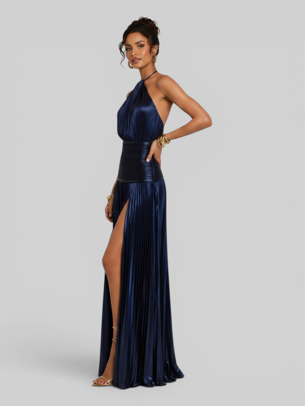 Vestido de Festa Longo Metalizado Plissado com Fenda Juliette