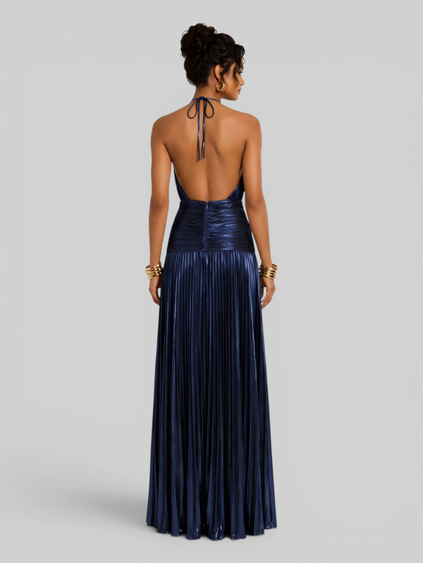 Vestido de Festa Longo Metalizado Plissado com Fenda Juliette
